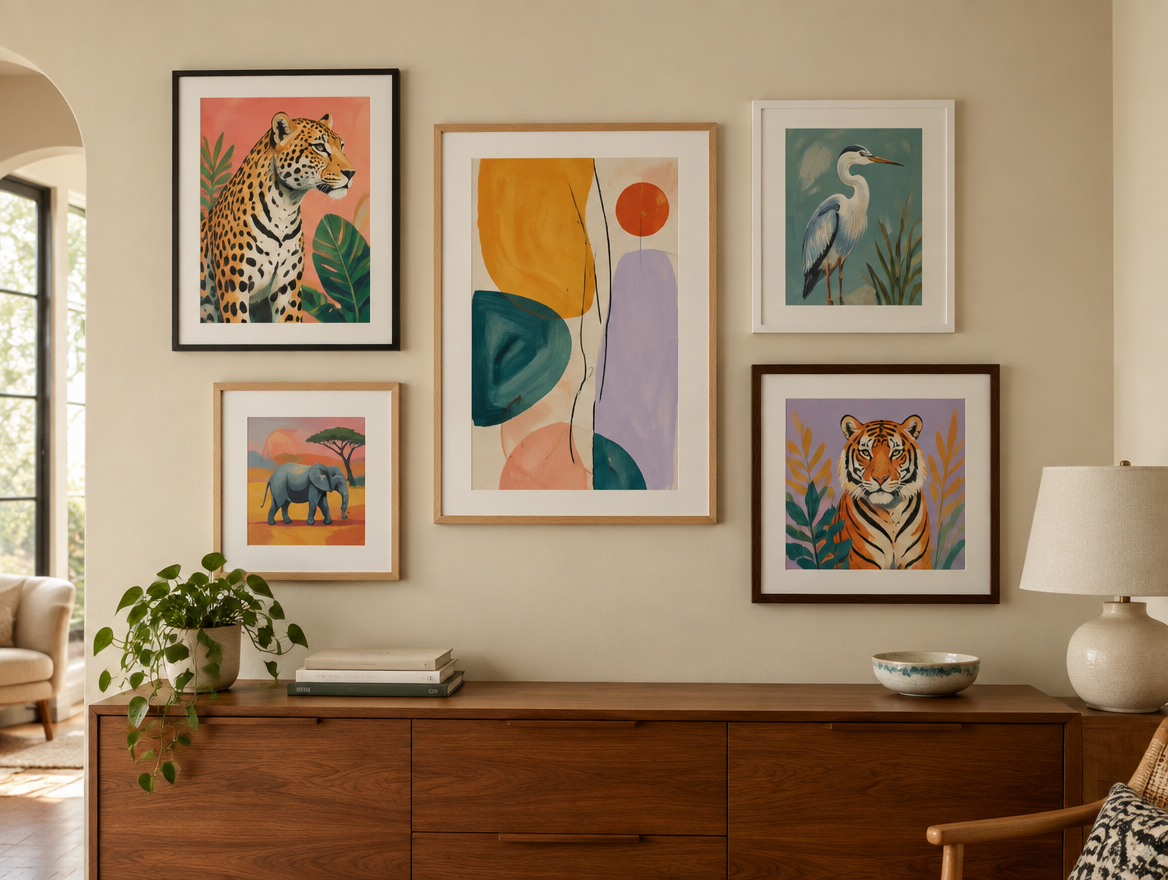 Bilderwand mit gerahmten Kunstdrucken