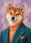 Shiba-Inu-Porträt in gemalter Optik mit petrolfarbenem Blazer und apricotfarbenem Rollkragen vor lavendelfarbenem Hintergrund.
