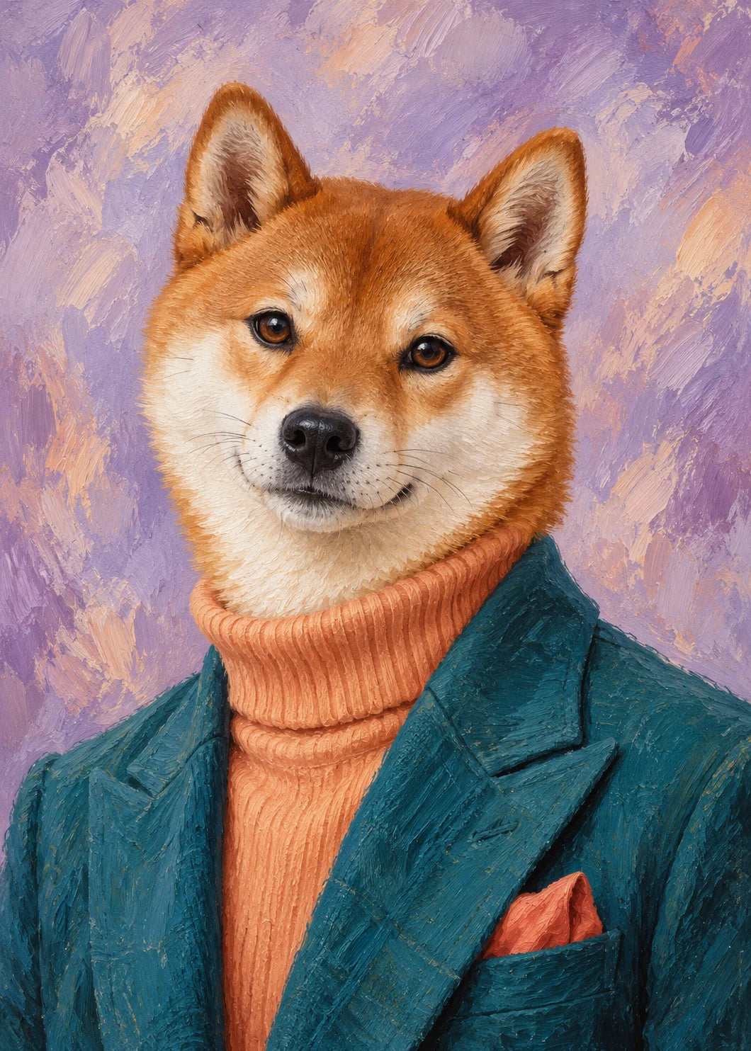 Shiba-Inu-Porträt in gemalter Optik mit petrolfarbenem Blazer und apricotfarbenem Rollkragen vor lavendelfarbenem Hintergrund.