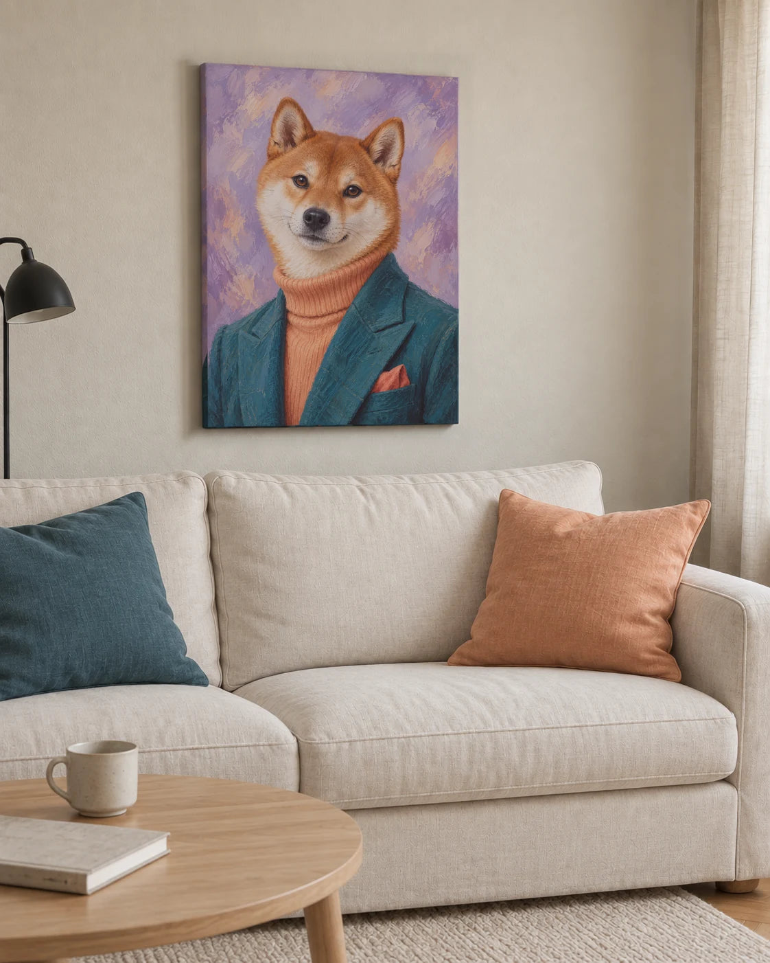 Shiba Élégance als Leinwand ohne Rahmen über einem cremefarbenen Sofa mit Kissen in Petrol und Apricot.