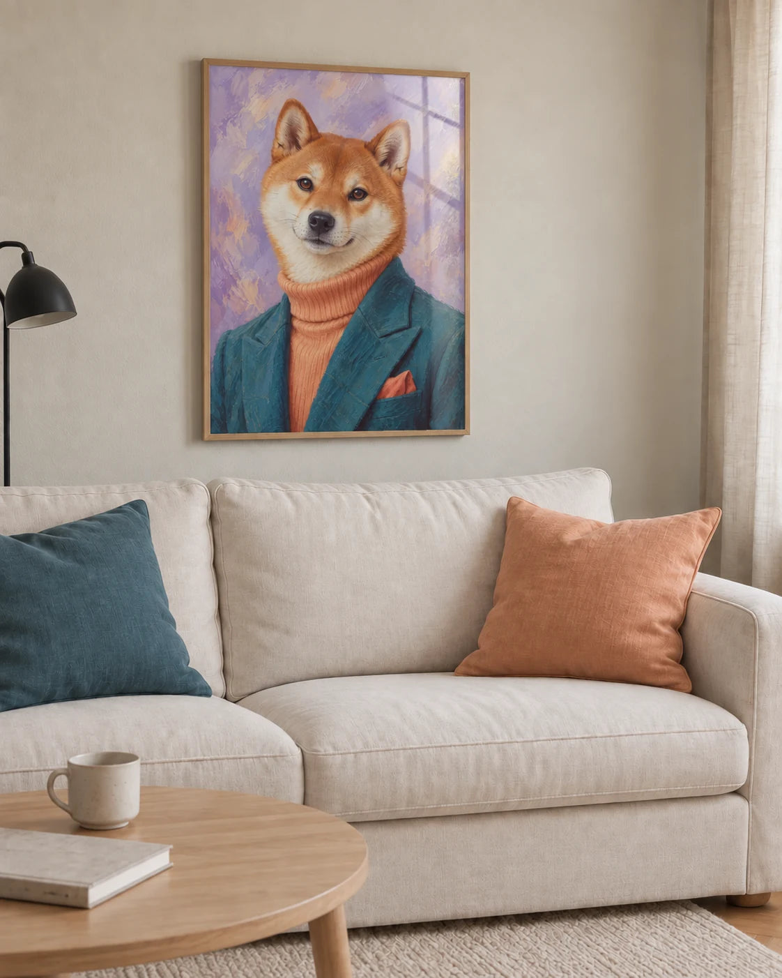 Shiba Élégance im hellen Holzrahmen mit sichtbarer Fensterreflexion auf der Schutzscheibe, über einem cremefarbenen Sofa.