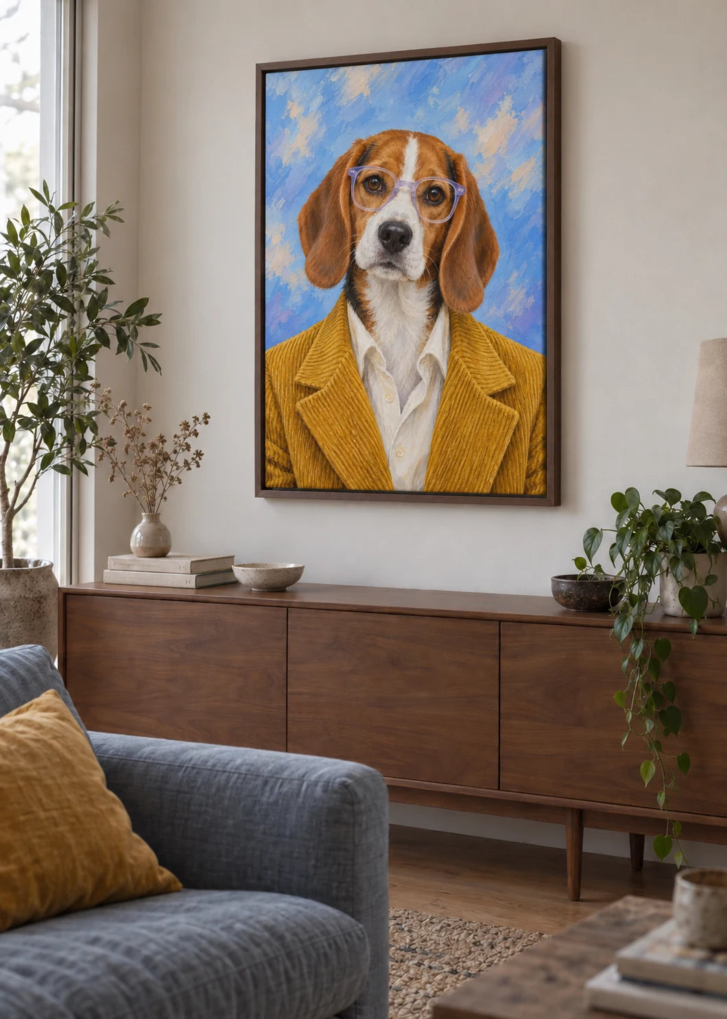 Beagle in Senfgelb und Lavendel als Leinwand im dunkelbraunen Rahmen im Wohnzimmer.