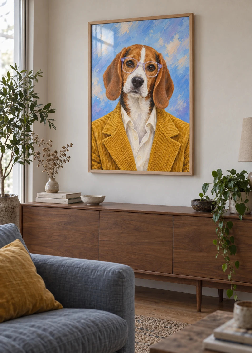 Beagle in Senfgelb und Lavendel als gerahmtes Poster mit Scheibenreflexion über einem dunklen Holzsideboard.