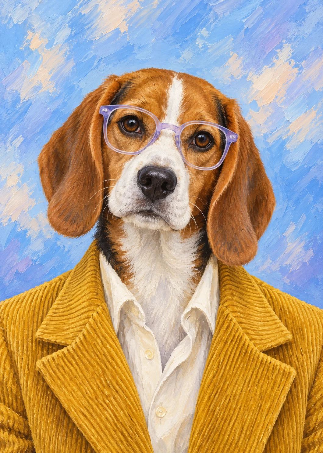 Beagle-Porträt mit lavendelfarbener Brille, senfgelber Cordjacke und weißem Hemd vor blauem Hintergrund in gemalter Optik.