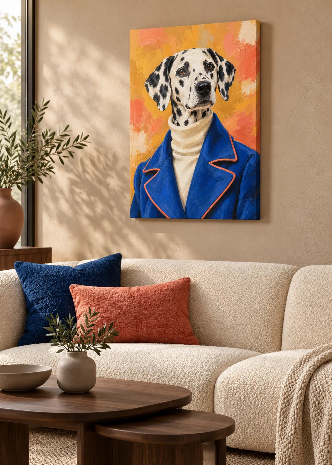 Dalmatiner Couture als matte Leinwand ohne Rahmen in einem warm eingerichteten Wohnzimmer.