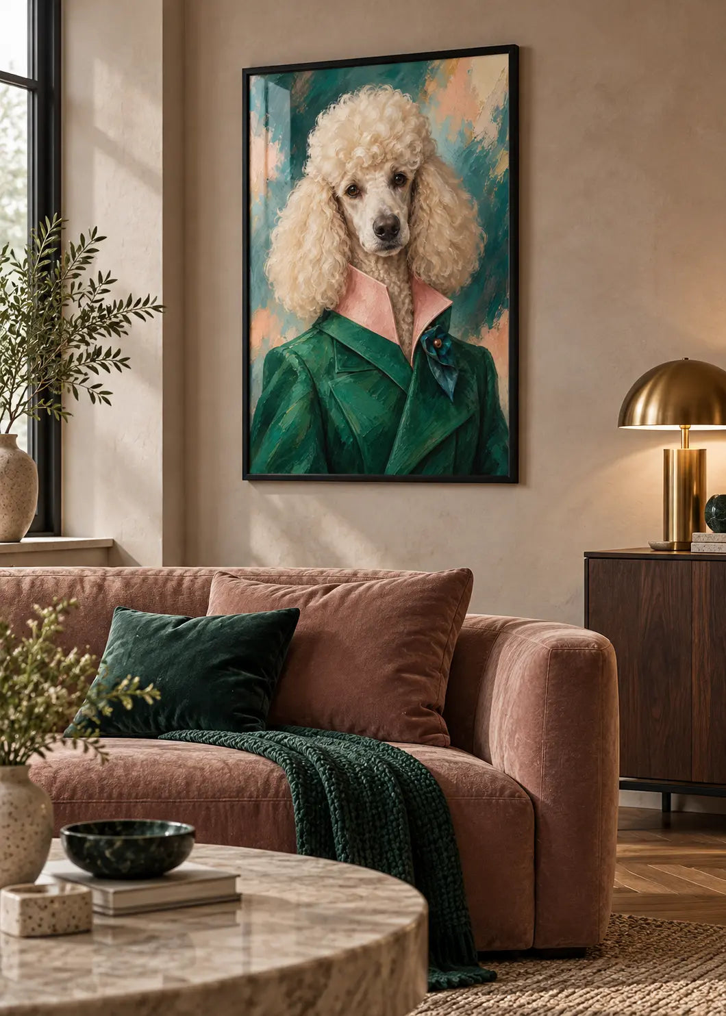 Pudel Émeraude als Poster im schwarzen Holzrahmen mit dezenter Scheibenreflexion über einem roséfarbenen Sofa.