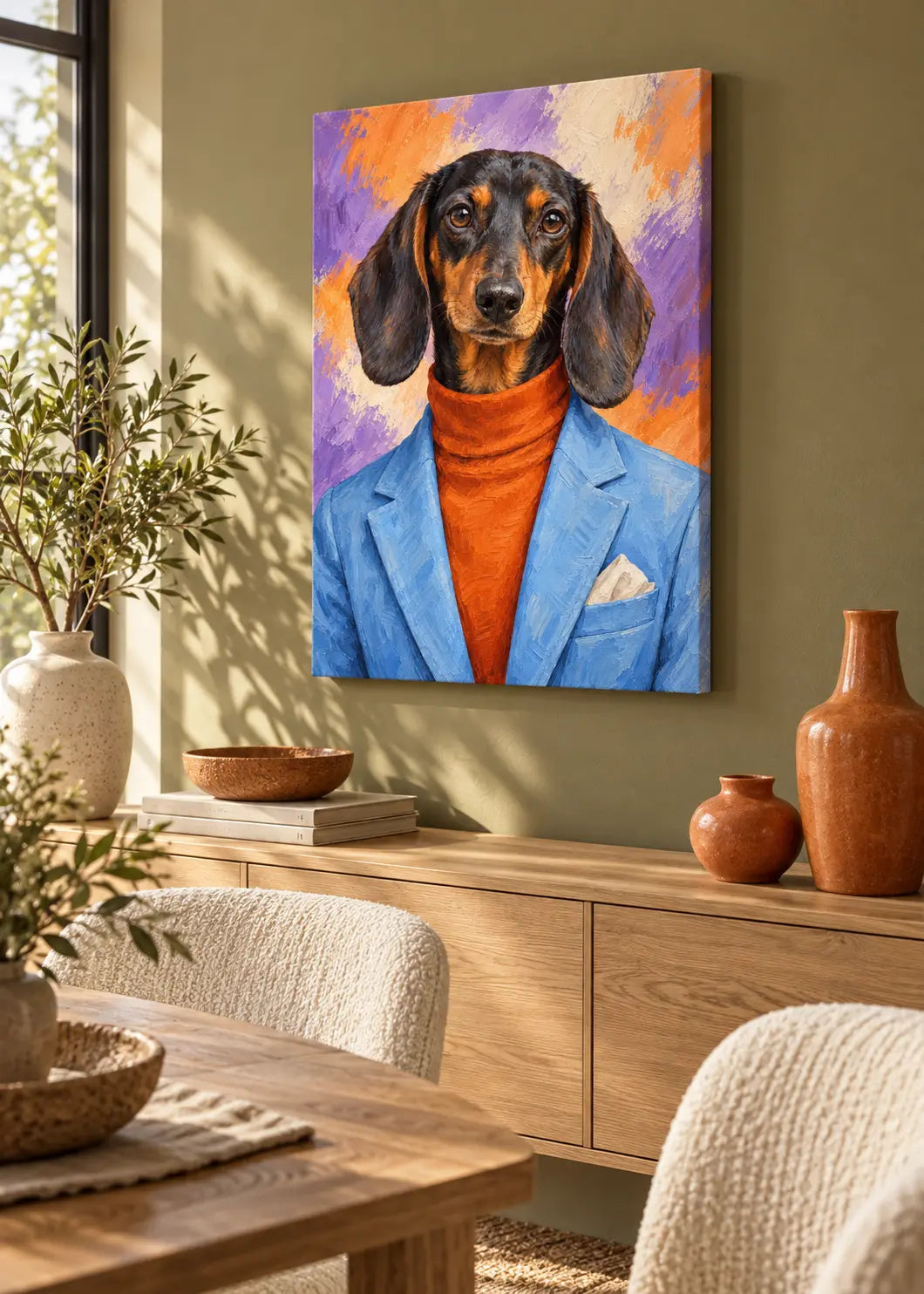 Dackel Riviera als rahmenlose Leinwand in einem Wohn- und Essbereich mit olivfarbener Wand.
