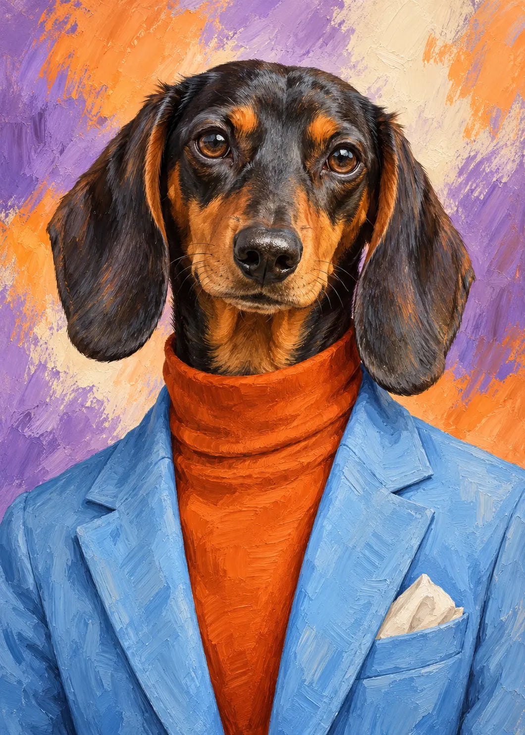Dackel im himmelblauen Blazer und orangefarbenen Rollkragen vor violett-orangefarbenem gemaltem Hintergrund.