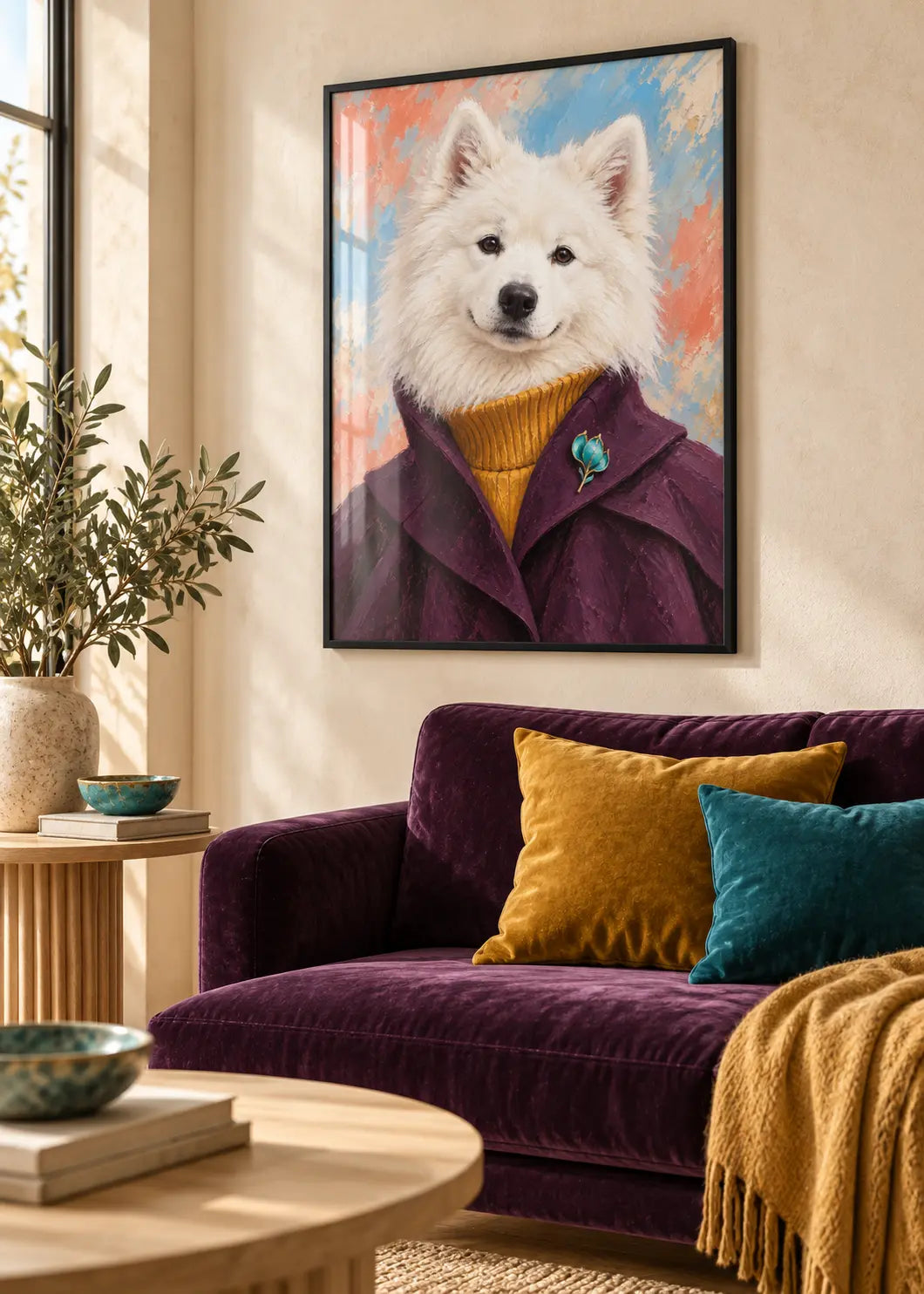 Samojede Soleil als Poster im schwarzen Holzrahmen mit Scheibeneffekt über einem auberginefarbenen Sofa.