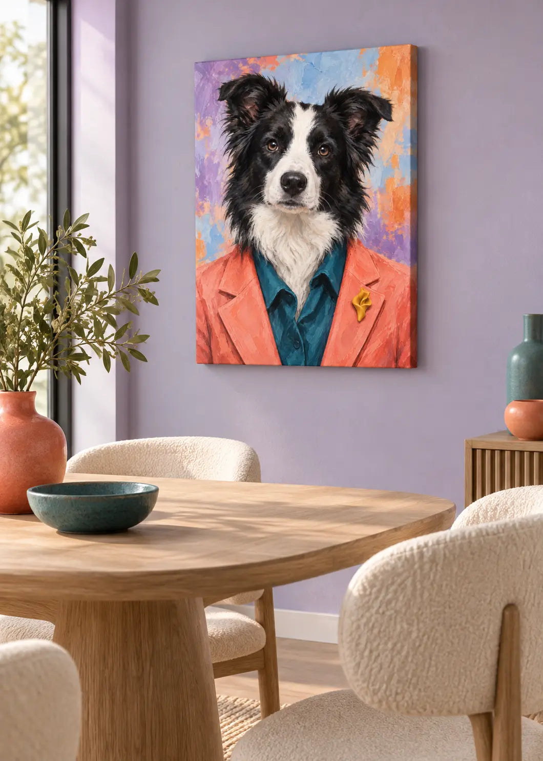 Border Collie Atelier als rahmenlose Leinwand in einem hellen Esszimmer mit lavendelfarbener Wand.