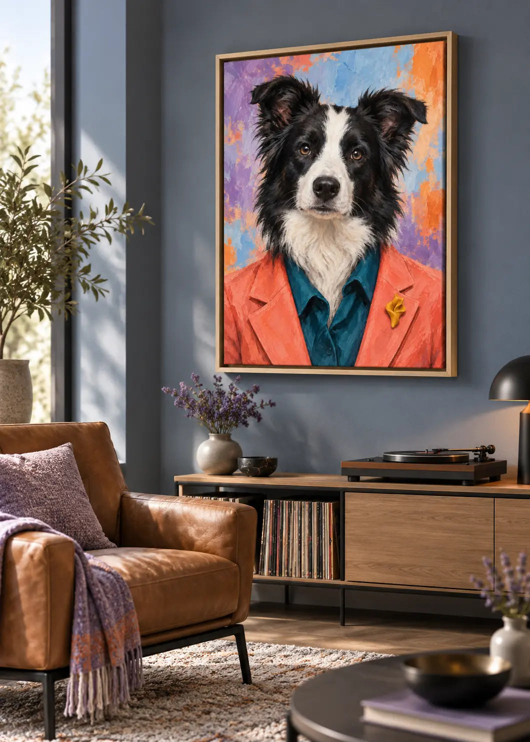 Border Collie Atelier als gerahmte Leinwand im Naturholz-Schattenfugenrahmen in einer modernen Musiklounge.