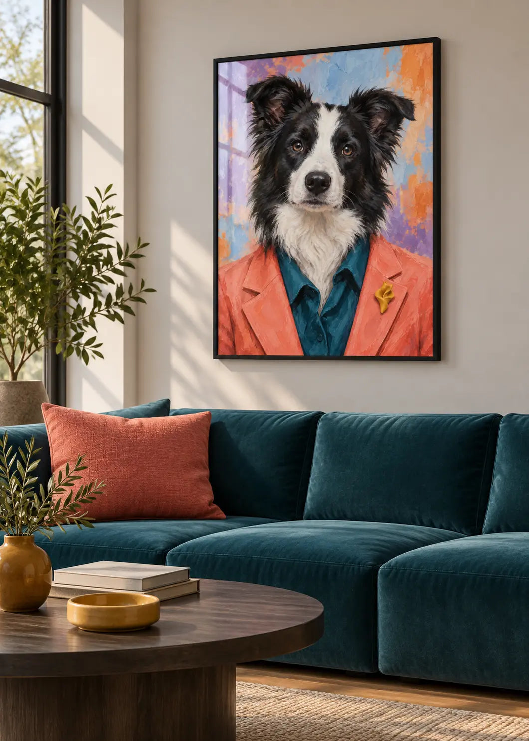 Border Collie Atelier als Poster im schwarzen Holzrahmen mit dezenter Scheibenreflexion über einem petrolfarbenen Sofa.