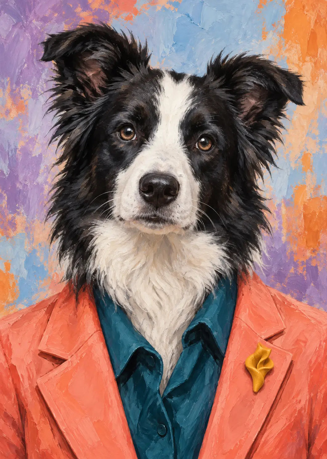 Border Collie im korallfarbenen Blazer und petrolfarbenen Hemd vor lavendel-himmelblauem Hintergrund.