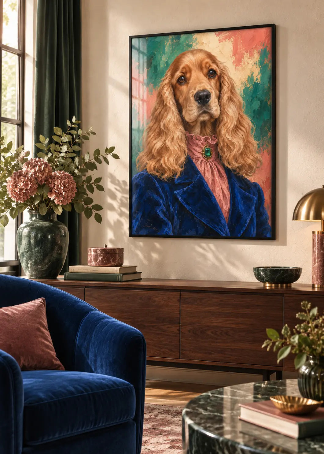 Cocker Nocturne als Poster im schwarzen Holzrahmen mit Scheibeneffekt in einem eleganten Wohnraum.