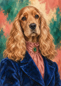 Englischer Cocker Spaniel im kobaltblauen Blazer mit roséfarbenem Kragen und smaragdgrüner Brosche.