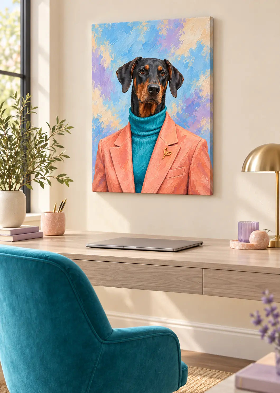 Dobermann Moderne als rahmenlose Leinwand über einem hellen Schreibtisch mit türkisfarbenem Stuhl.