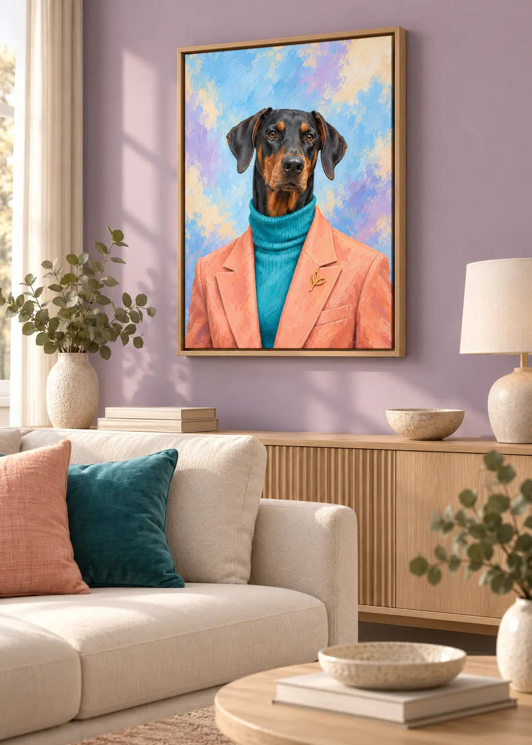 Dobermann Moderne als gerahmte Leinwand im Naturholz-Schattenfugenrahmen in einem lavendelfarbenen Wohnzimmer.