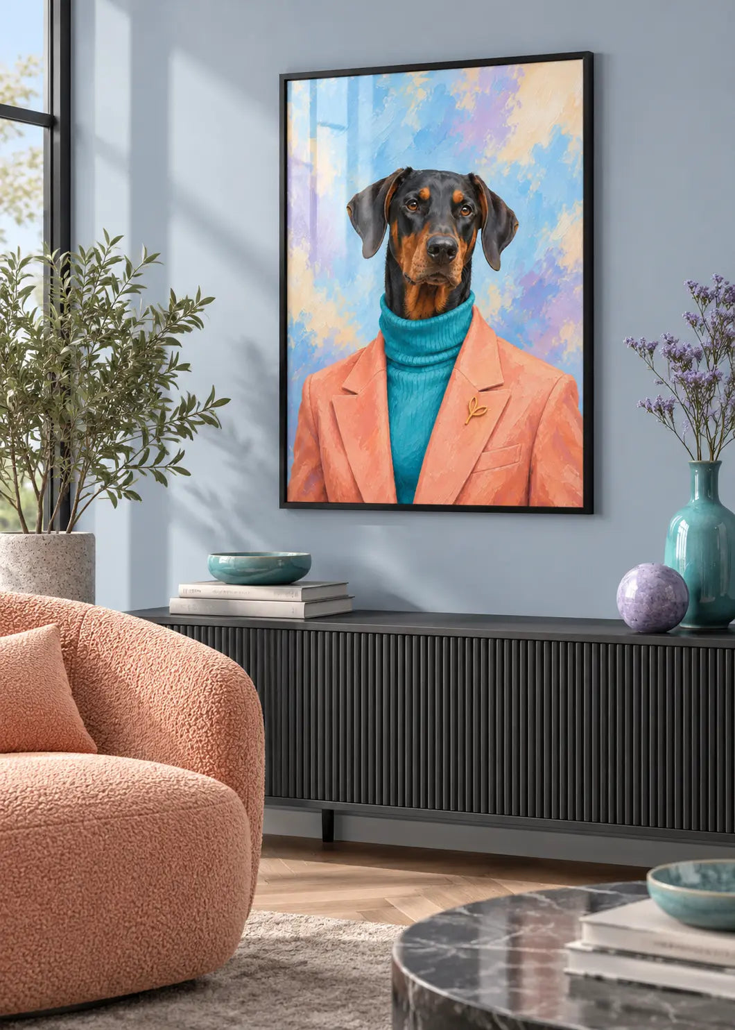 Dobermann Moderne als Poster im schwarzen Holzrahmen mit dezenter Scheibenreflexion in einer modernen Lounge.