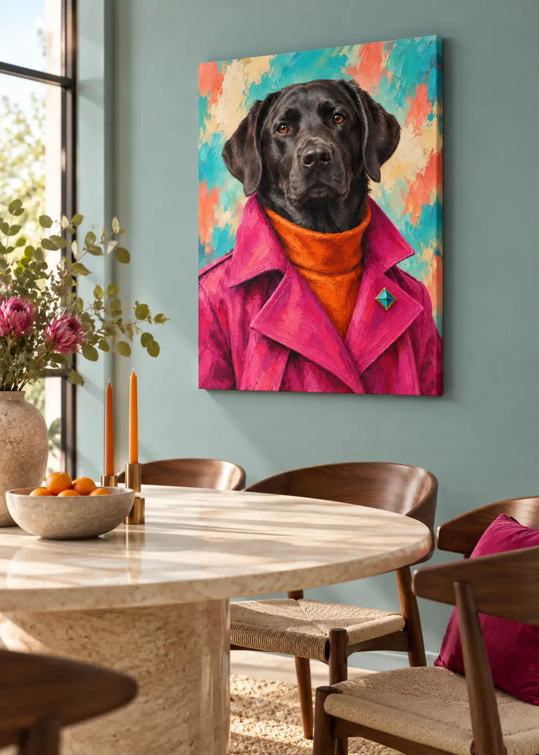 Labrador Pop als rahmenlose Leinwand in einem hellen Esszimmer mit türkisgrauer Wand.