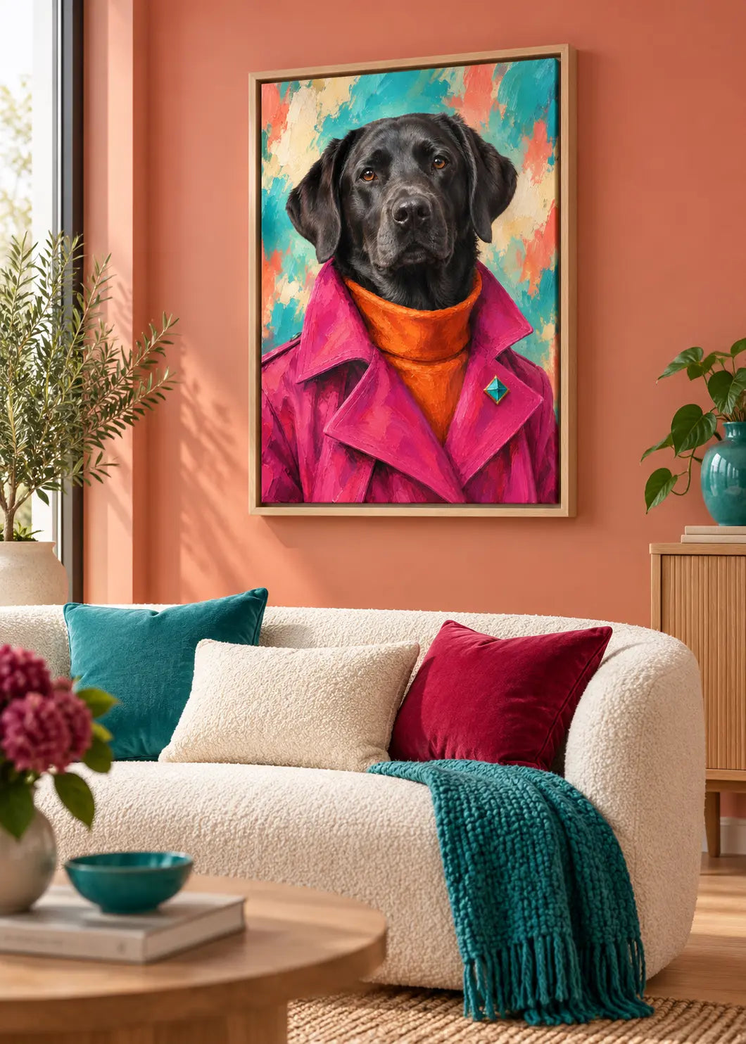 Labrador Pop als gerahmte Leinwand im Naturholz-Schattenfugenrahmen vor einer korallfarbenen Wand.