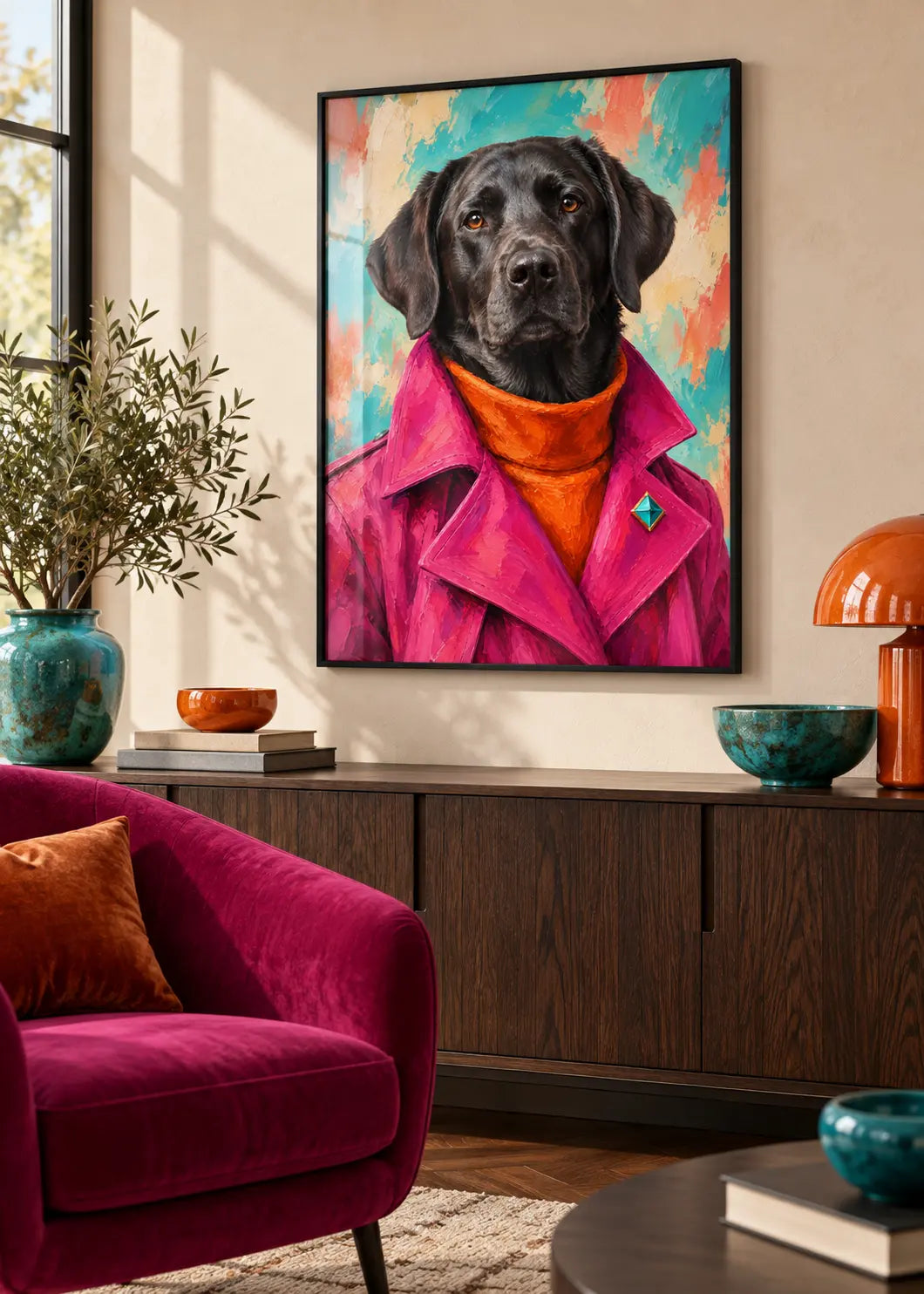 Labrador Pop als Poster im schwarzen Holzrahmen mit Scheibeneffekt in einem farbstarken modernen Wohnzimmer.