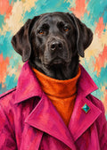 Schwarzer Labrador im magentafarbenen Mantel mit orangefarbenem Kragen und türkiser Brosche.