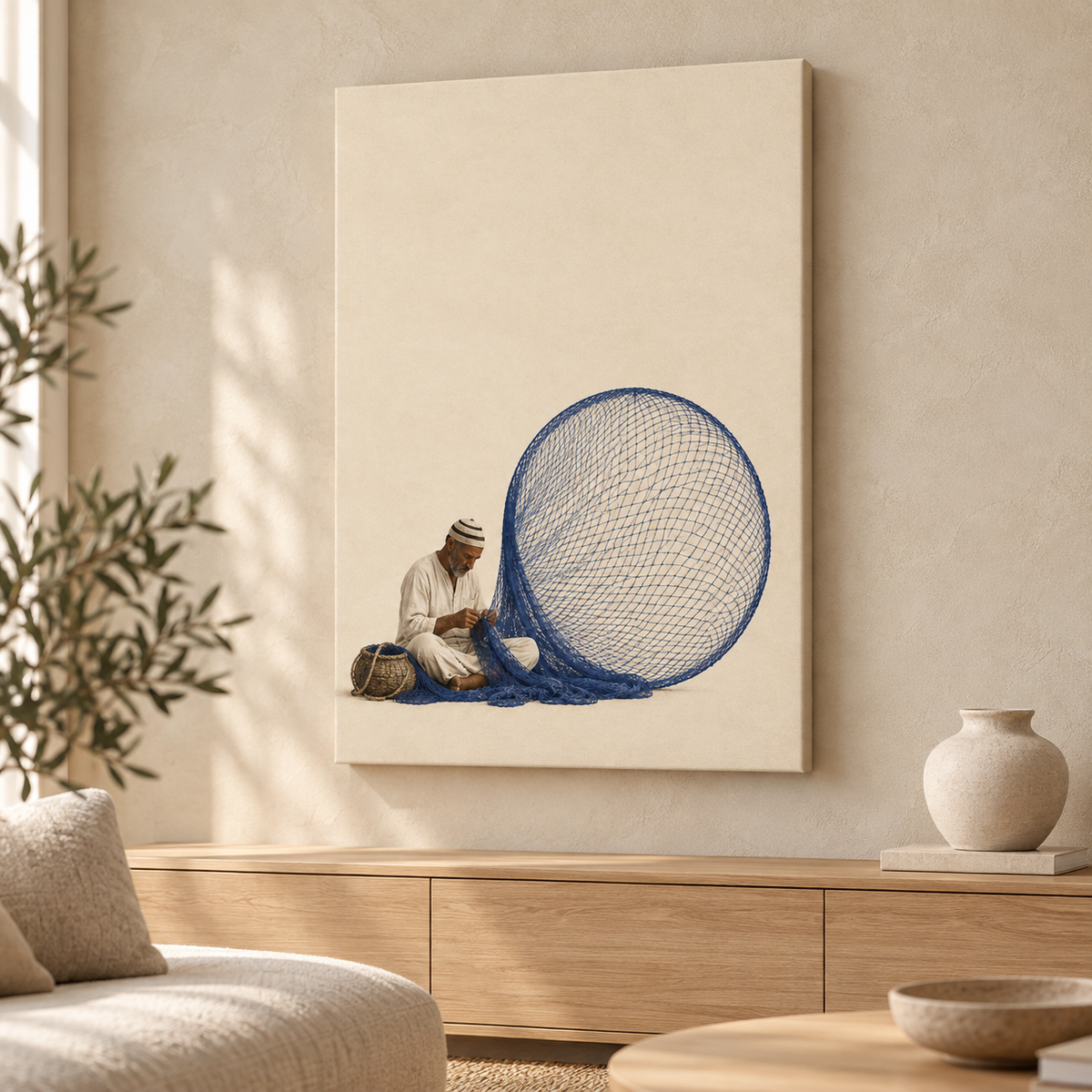 Das blaue Netz als Slim Canvas im Wohnraum