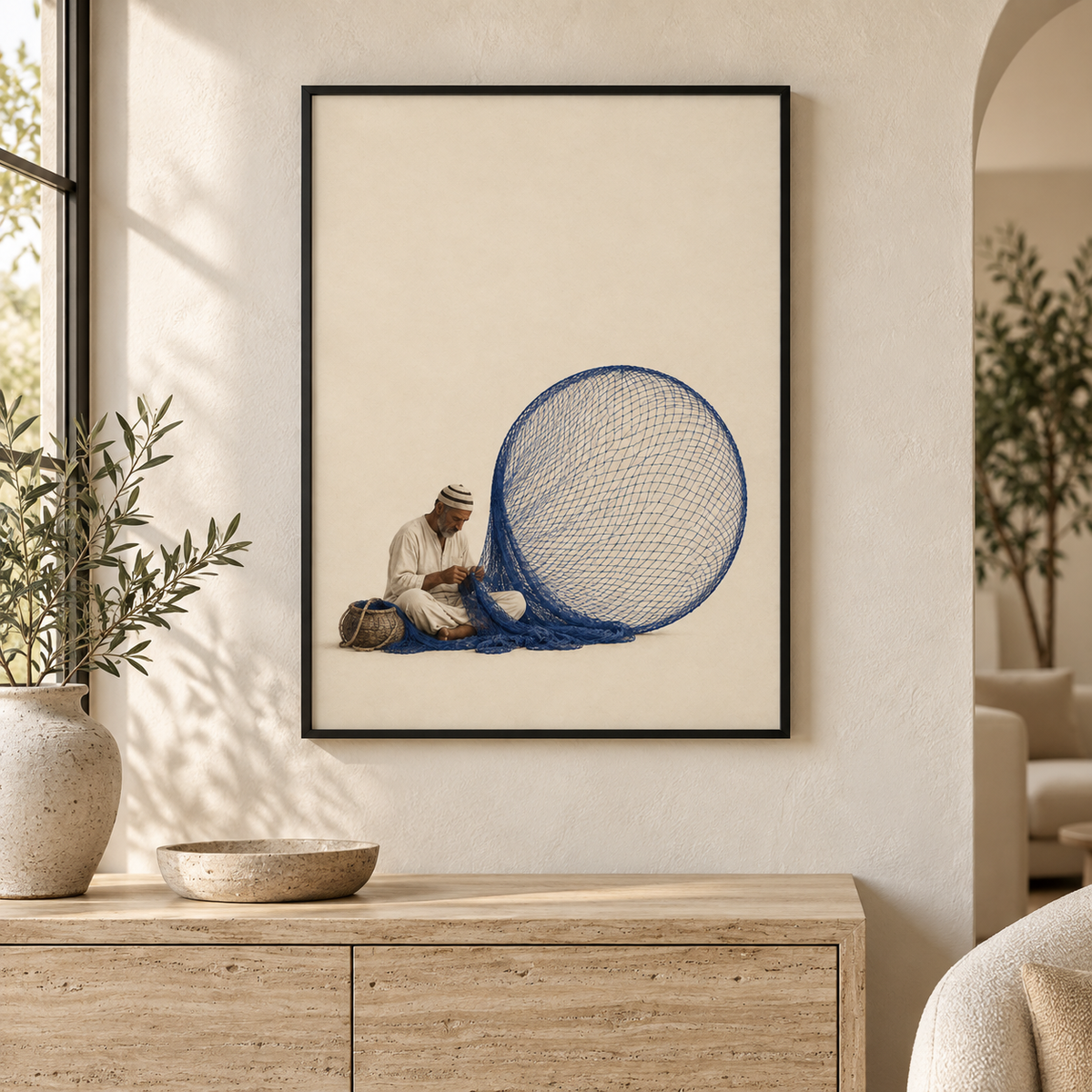 Das blaue Netz als gerahmtes Poster im Wohnraum