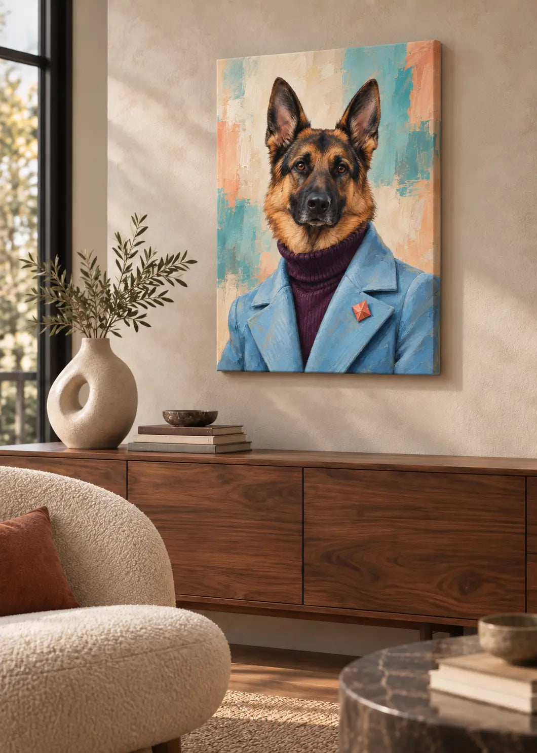 Schäferhund Avantgarde als rahmenlose schlanke Leinwand über einem hochwertigen Sideboard.