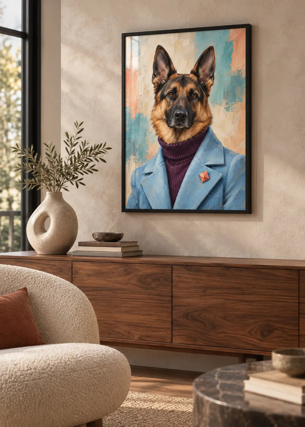 Schäferhund Avantgarde als Poster im schwarzen Holzrahmen mit dezenter Scheibenreflexion in einem modernen Wohnzimmer.