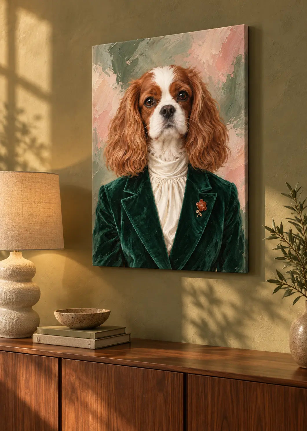 Cavalier Élégance – Hundeporträt in Smaragd & Creme als rahmenlose schlanke Leinwand im Wohnraum.