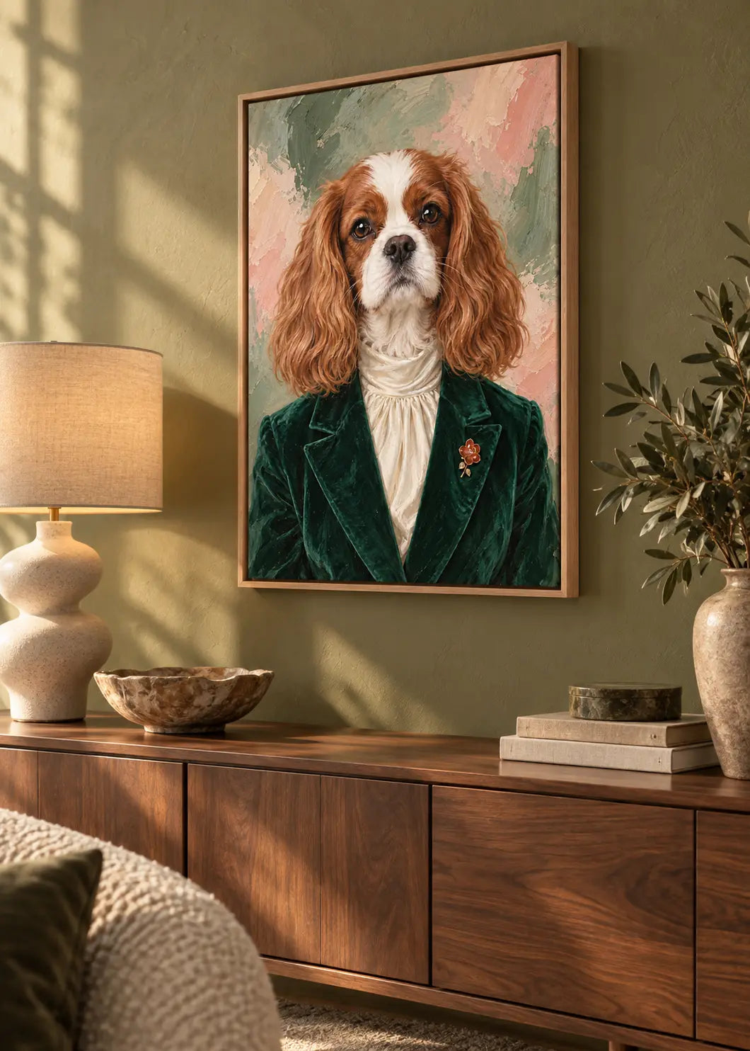 Cavalier Élégance – Hundeporträt in Smaragd & Creme als gerahmte Leinwand im Naturholz-Schattenfugenrahmen im Wohnraum.