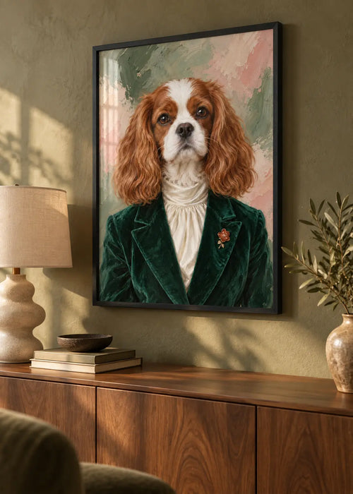 Cavalier Élégance – Hundeporträt in Smaragd & Creme als Poster im schwarzen Holzrahmen mit dezenter Scheibenreflexion im Wohnraum.