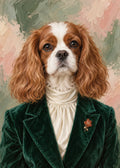 Gemaltes Fashion-Porträt eines Cavalier King Charles Spaniel in Smaragdgrün und Creme.