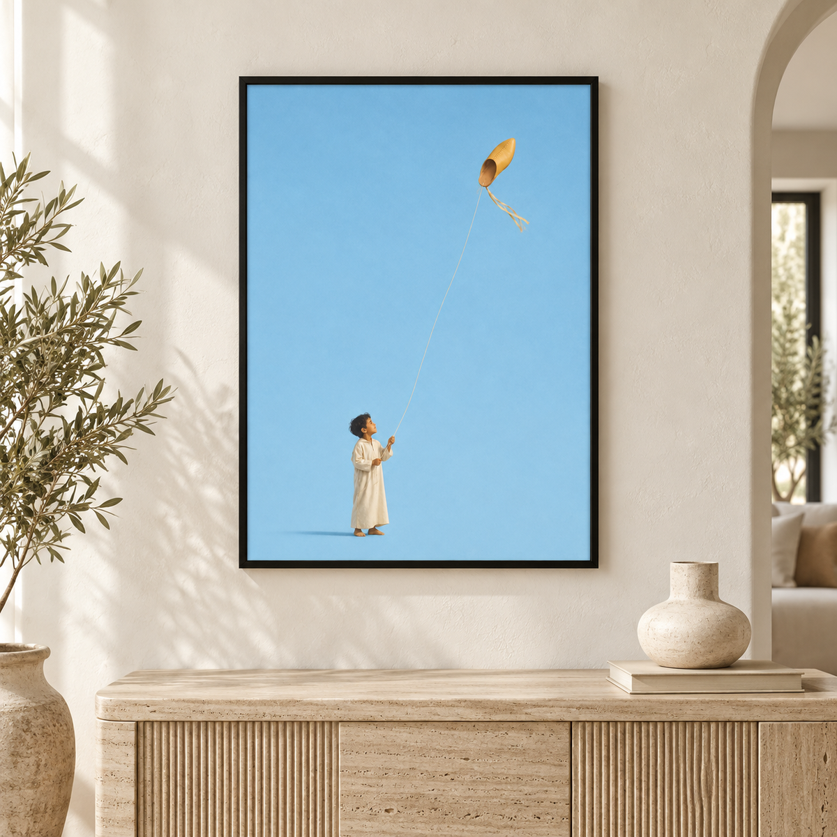 Der fliegende Babouche als gerahmtes Poster im Wohnraum