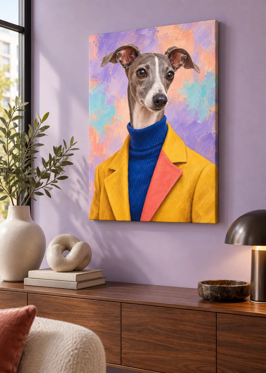 Windhund Coloré – Hundeporträt in Safrangelb & Kobaltblau als rahmenlose schlanke Leinwand im Wohnraum.