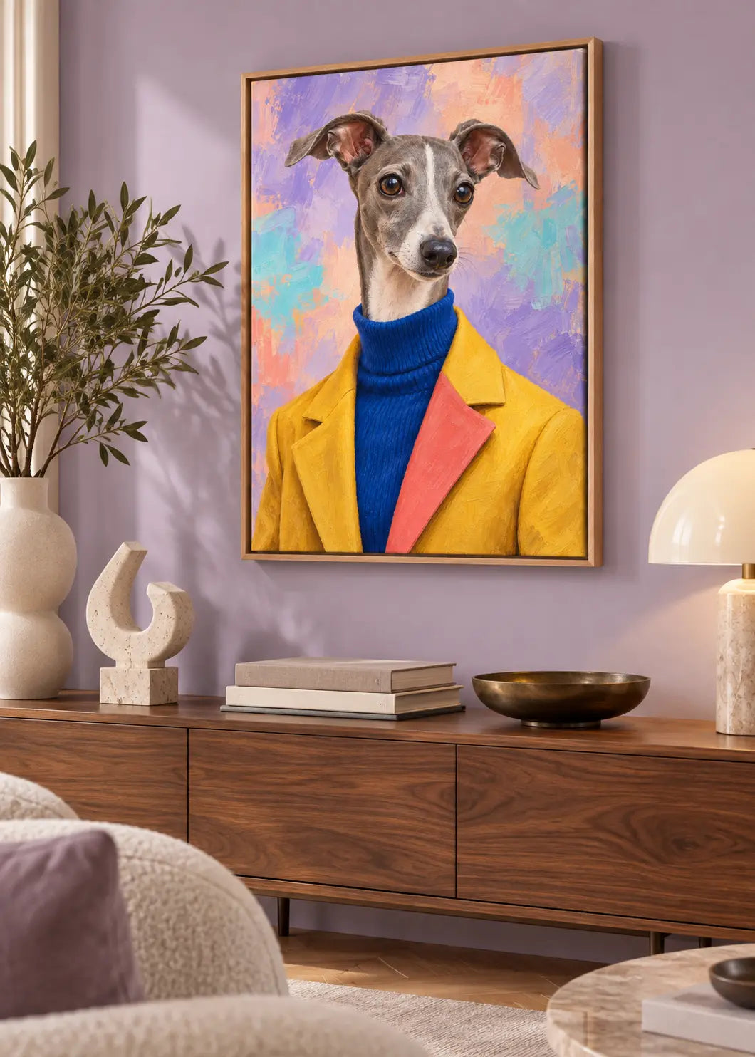 Windhund Coloré – Hundeporträt in Safrangelb & Kobaltblau als gerahmte Leinwand im Naturholz-Schattenfugenrahmen im Wohnraum.