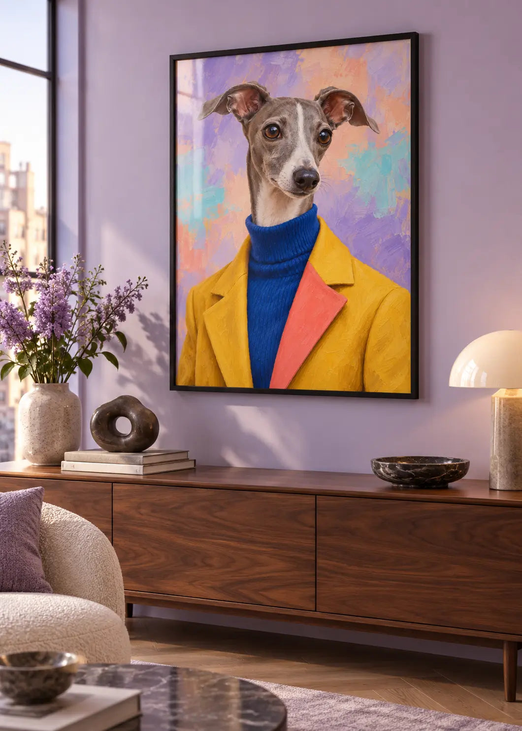 Windhund Coloré – Hundeporträt in Safrangelb & Kobaltblau als Poster im schwarzen Holzrahmen mit dezenter Scheibenreflexion im Wohnraum.