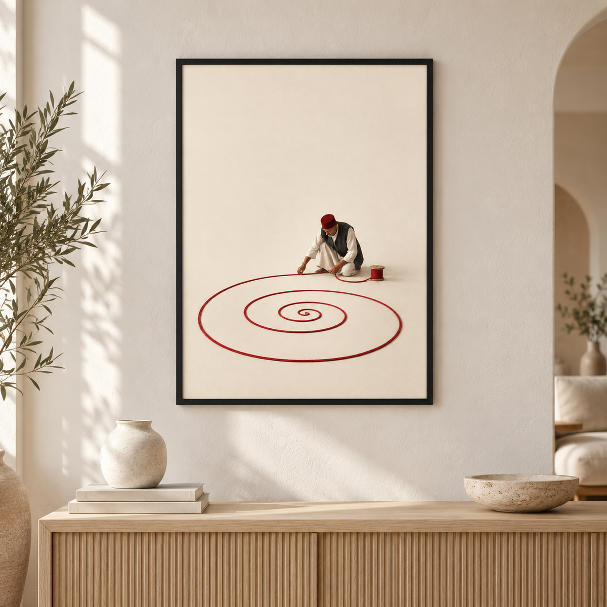 Die rote Spirale als gerahmtes Poster im Wohnraum