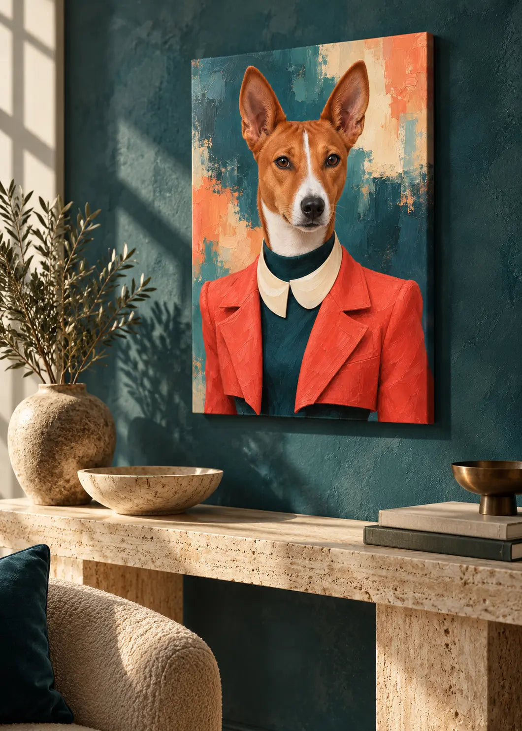Basenji Moderne – Hundeporträt in Koralle & Petrol als rahmenlose schlanke Leinwand im Wohnraum.