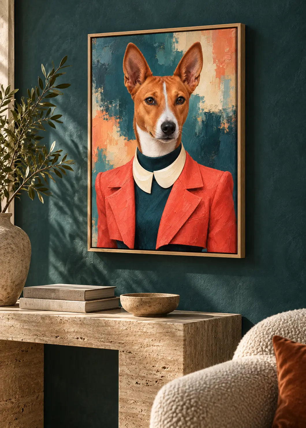 Basenji Moderne – Hundeporträt in Koralle & Petrol als gerahmte Leinwand im Naturholz-Schattenfugenrahmen im Wohnraum.