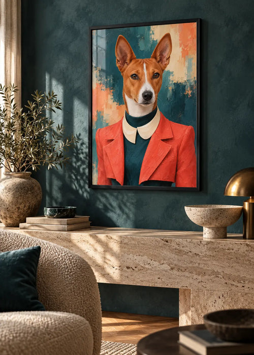 Basenji Moderne – Hundeporträt in Koralle & Petrol als Poster im schwarzen Holzrahmen mit dezenter Scheibenreflexion im Wohnraum.