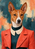 Gemaltes Fashion-Porträt eines Basenji in Koralle und Petrol.