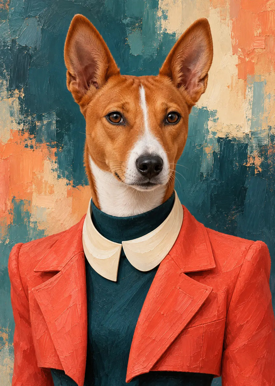 Gemaltes Fashion-Porträt eines Basenji in Koralle und Petrol.