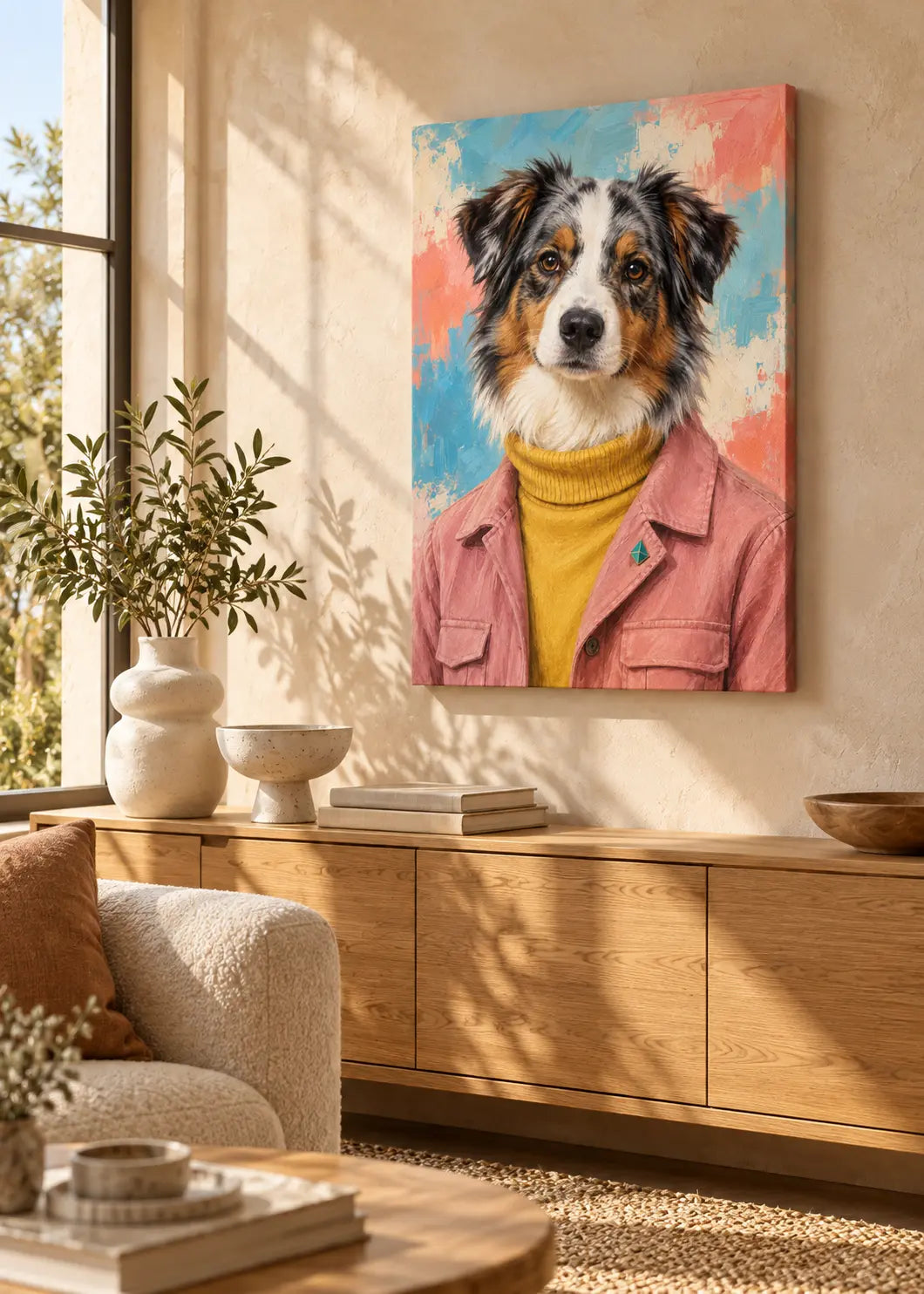 Australian Shepherd Atelier – Hundeporträt in Rosé & Senfgelb als rahmenlose schlanke Leinwand im Wohnraum.