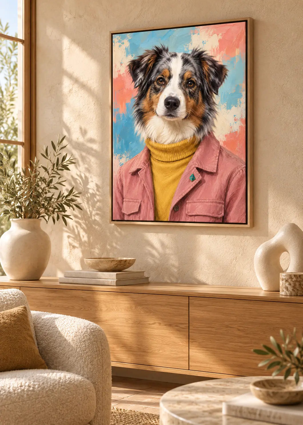 Australian Shepherd Atelier – Hundeporträt in Rosé & Senfgelb als gerahmte Leinwand im Naturholz-Schattenfugenrahmen im Wohnraum.