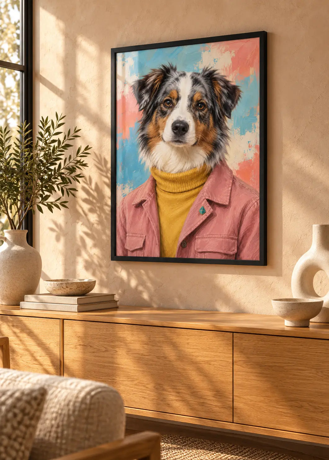 Australian Shepherd Atelier – Hundeporträt in Rosé & Senfgelb als Poster im schwarzen Holzrahmen mit dezenter Scheibenreflexion im Wohnraum.