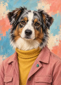 Gemaltes Fashion-Porträt eines Australian Shepherd in Rosé und Senfgelb.