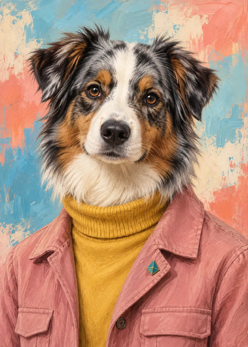 Gemaltes Fashion-Porträt eines Australian Shepherd in Rosé und Senfgelb.