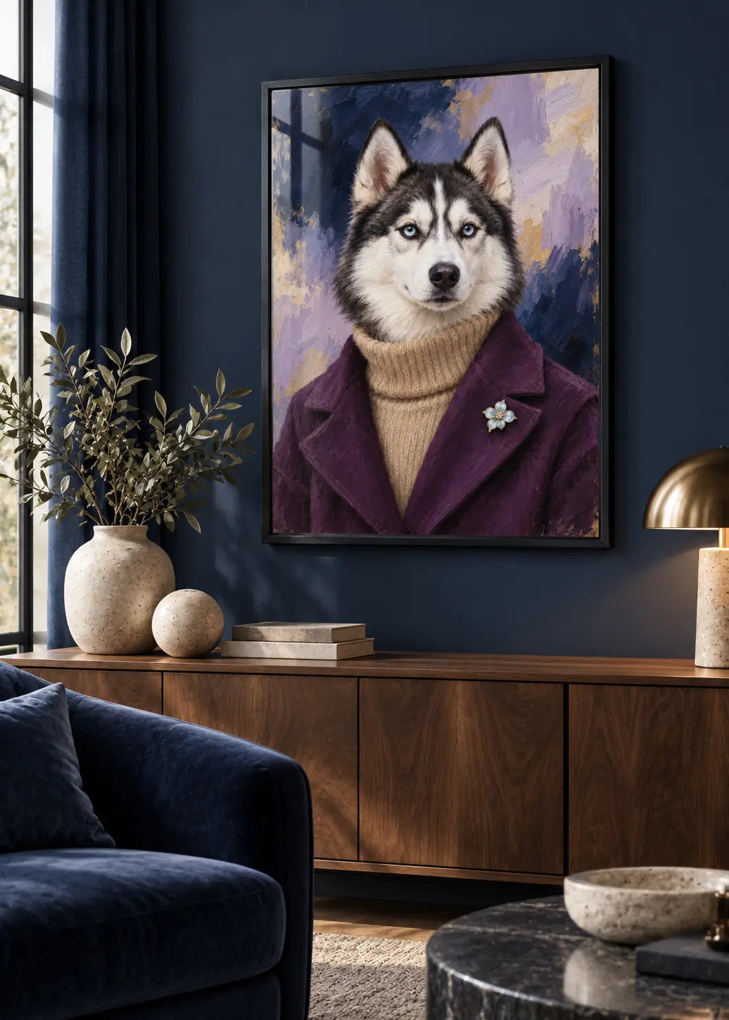 Husky Nocturne – Hundeporträt in Pflaume & Nachtblau als Poster im schwarzen Holzrahmen mit dezenter Scheibenreflexion im Wohnraum.